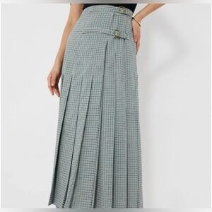 Tuckernuck Isla Green Paladian Check Pleated Double Buckle Wrap Skirt SZ XS